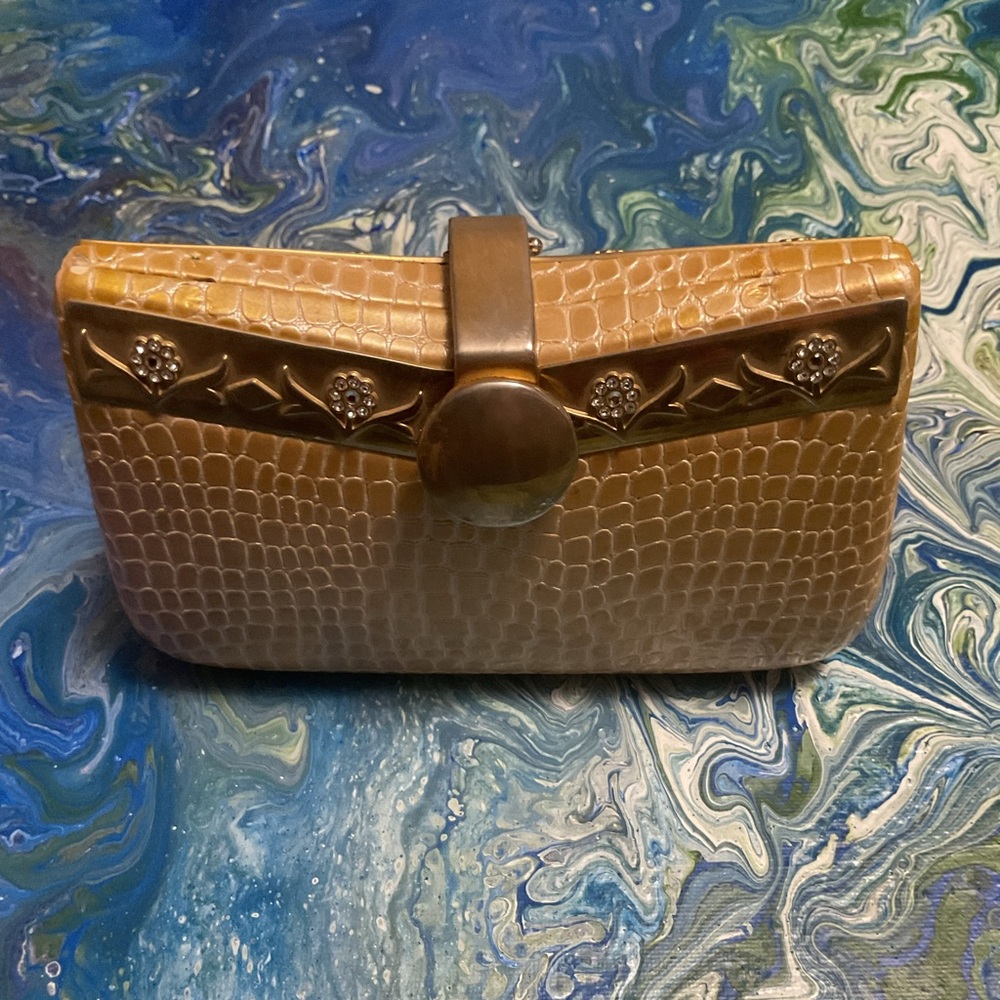 Tan Snakeskin mini Evening Bag with chain. Could be used as a crossbody